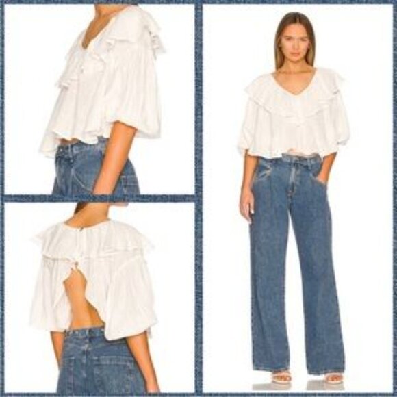 Free People Zuri White Balloon Sleeve Cropped Open Back Ruffle Blouse - Picture 1 of 13
